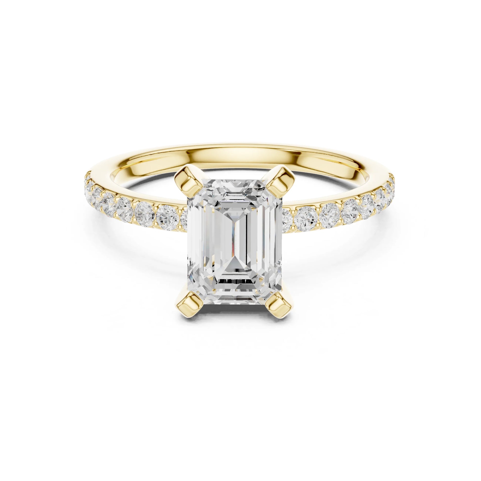 Gold ring with emerald-cut moissanite diamond and smaller diamonds on a white background