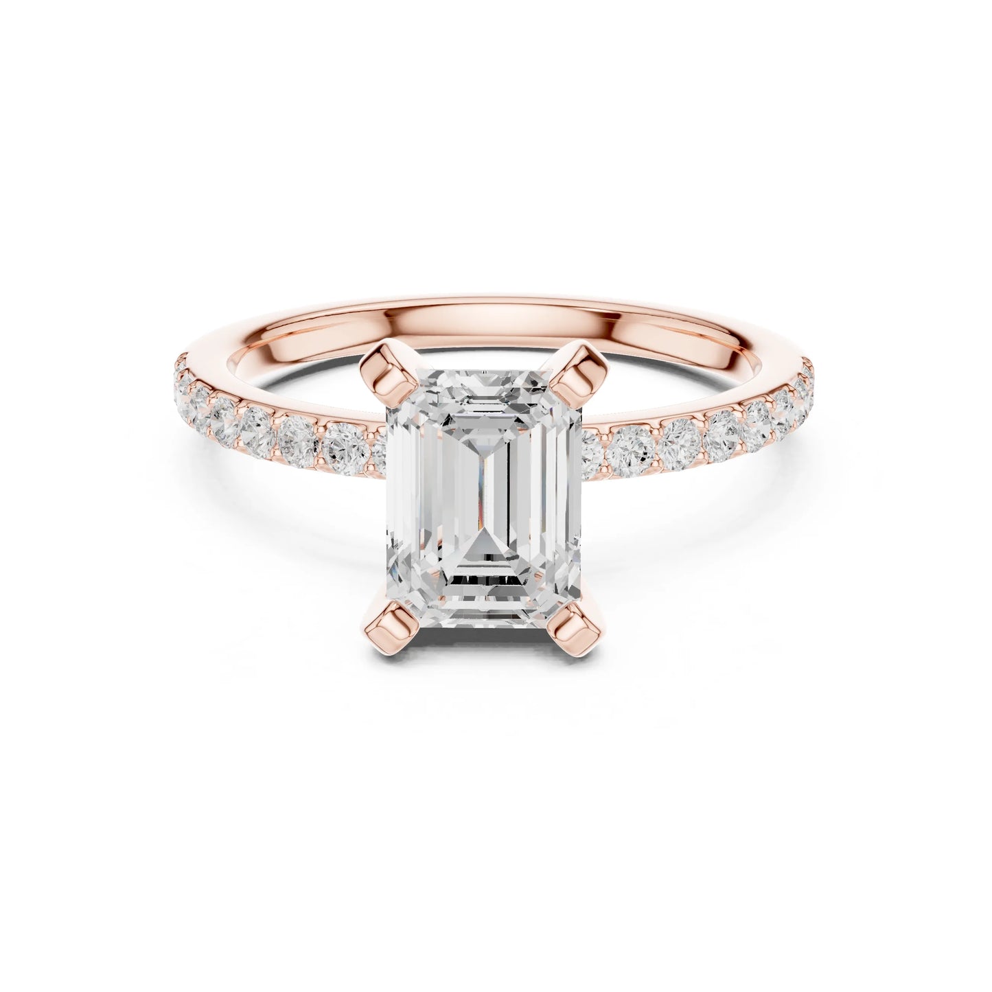 Rose gold ring with emerald-cut moissanite diamond and smaller diamonds on a white background