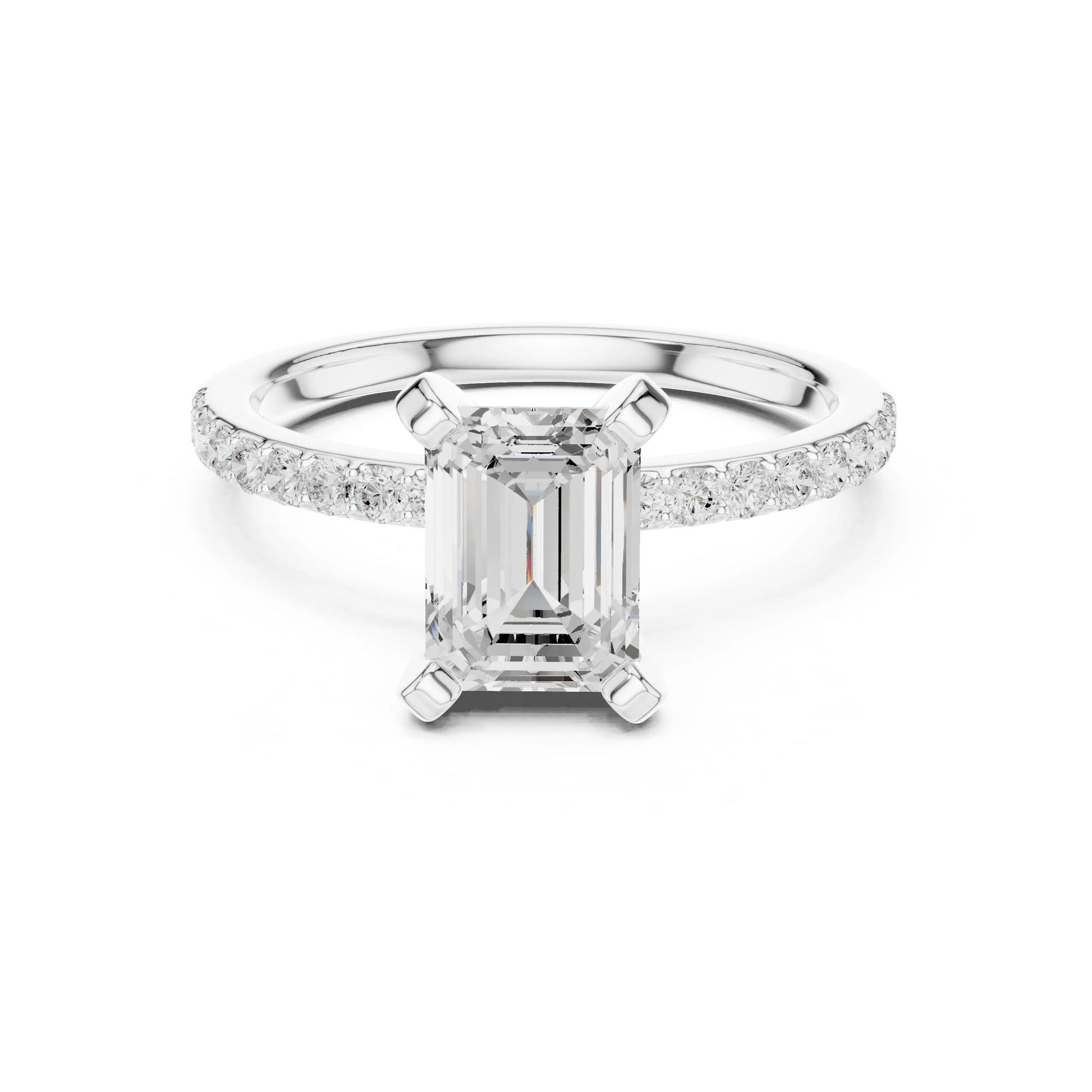 moissanite Diamond ring with a central emerald-cut diamond and smaller diamonds on the band against a white background