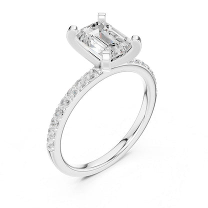 moissanite Diamond ring with a central emerald-cut diamond on a white background