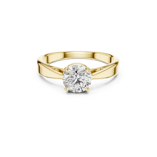 Gold ring with a 1ct moissanite diamond on a white background