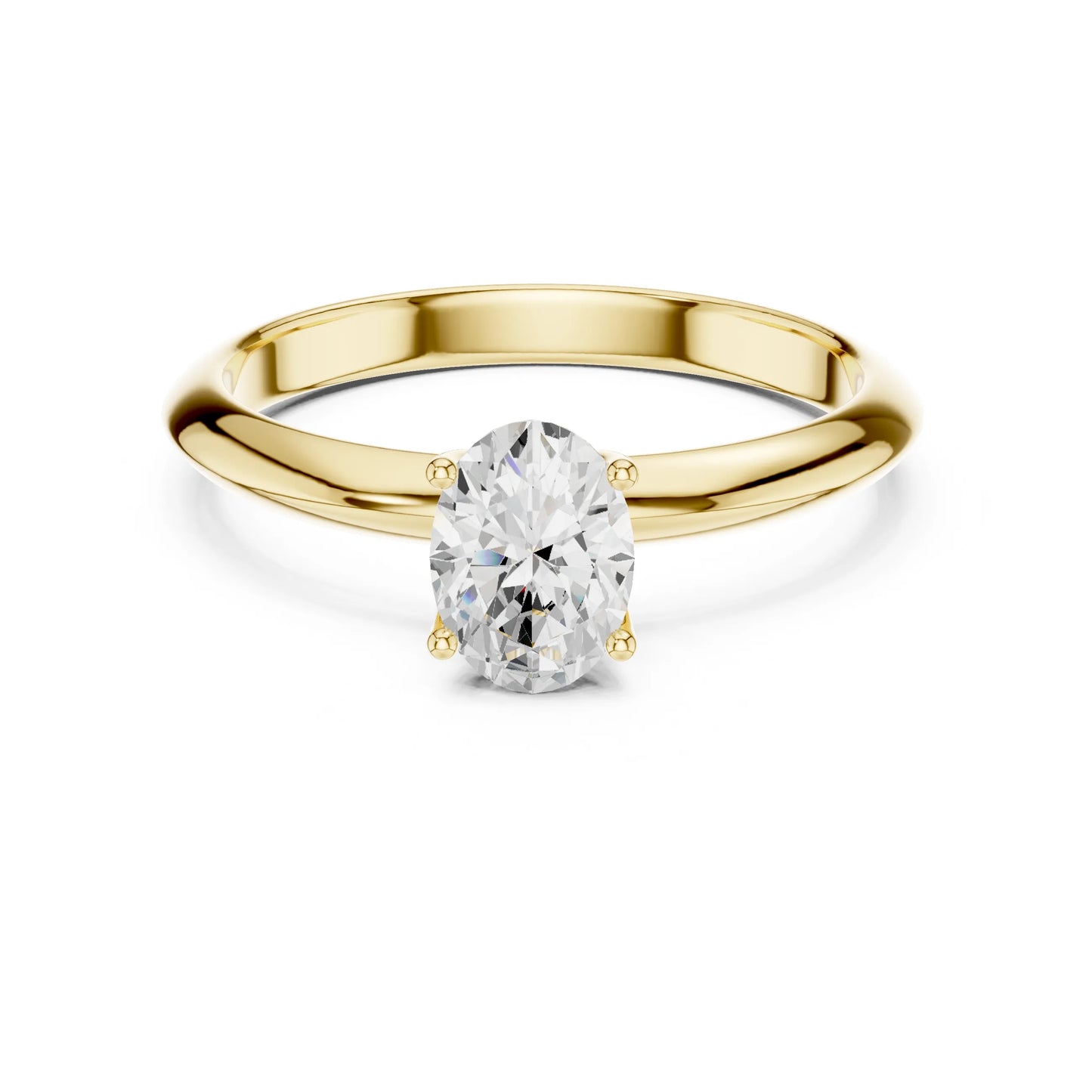 Gold ring with a moissanite diamond on a white background