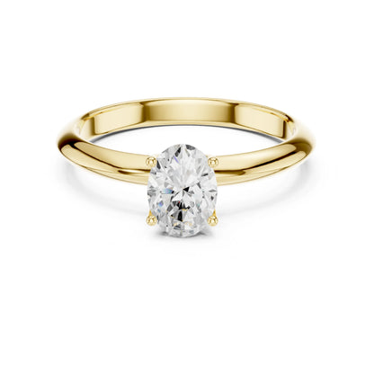 Gold ring with a moissanite diamond on a white background