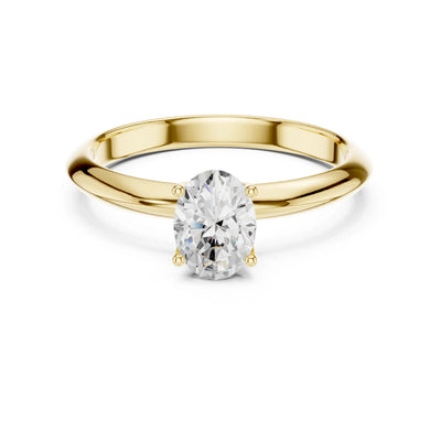 Gold ring with a moissanite diamond on a white background