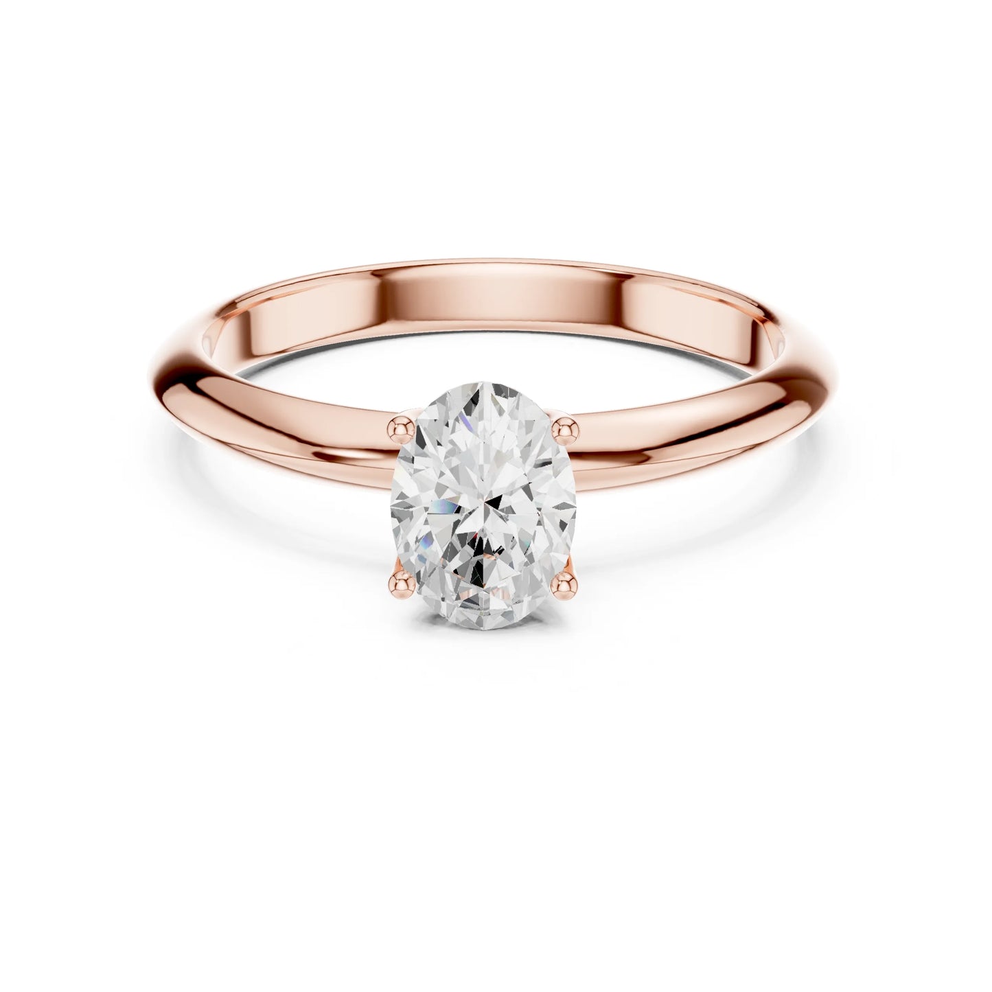Rose gold ring with a moissanite diamond on a white background