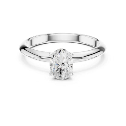 Silver ring with a moissanite diamond on a white background