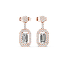 Load image into Gallery viewer, Rose gold earrings with emerald-cut moissanite gemstones on a white background