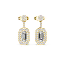 Load image into Gallery viewer, Gold earrings with emerald-cut moissanite gemstones on a white background