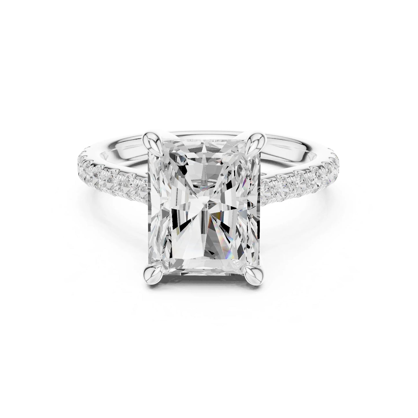 moissanite Diamond ring with a large central gemstone and smaller stones on the band against a white background