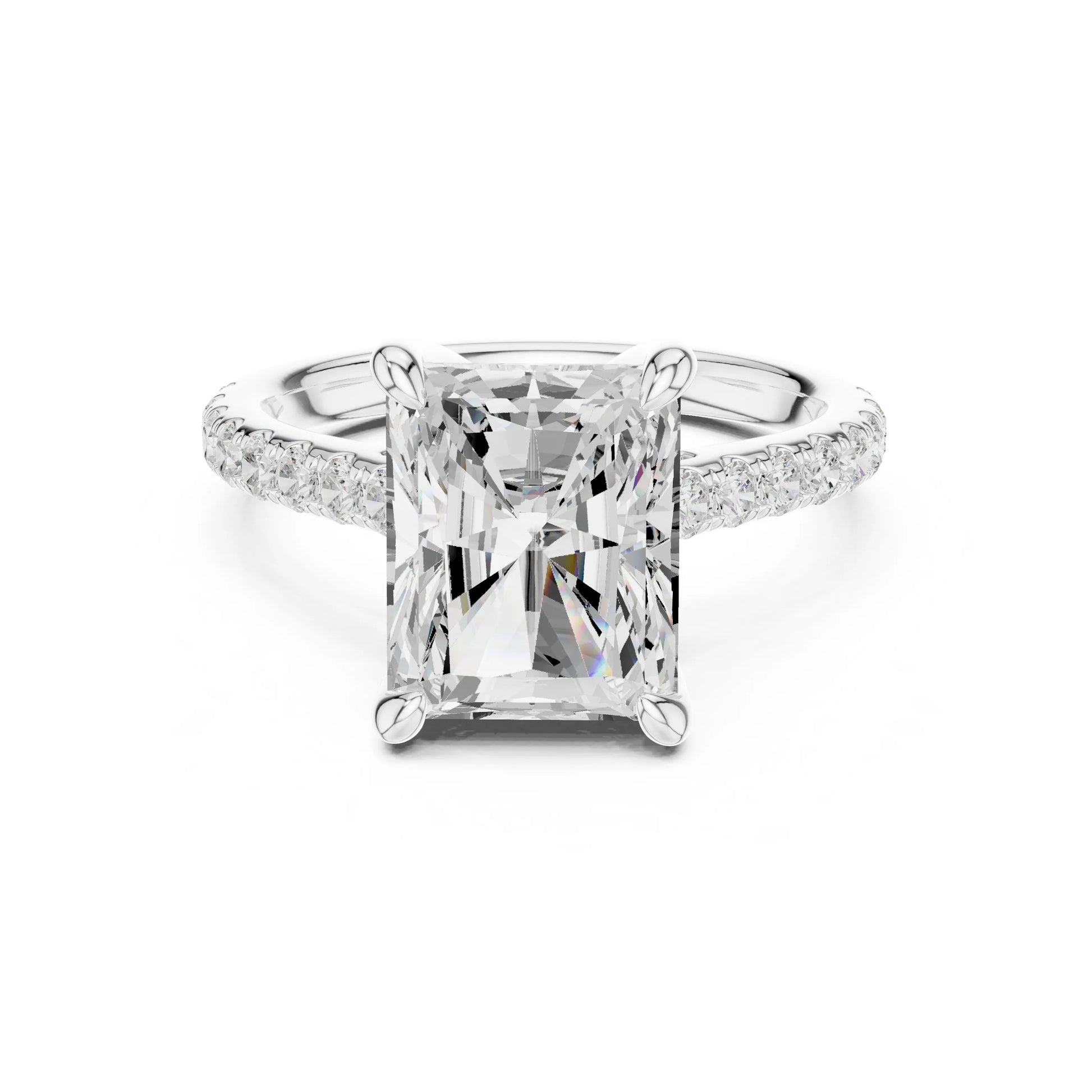 moissanite Diamond ring with a large central gemstone and smaller stones on the band against a white background