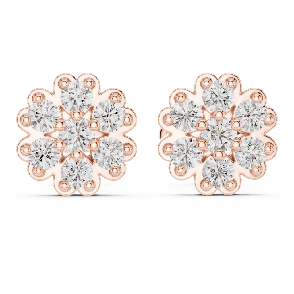 Rose gold earrings with Moissanite diamond-like stones on a white background