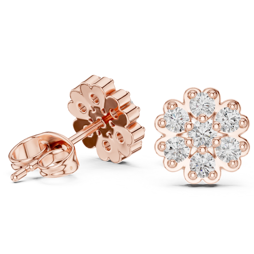 Rose gold earrings with moissanite diamond-studded flower design on a white background