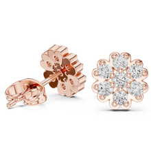 Load image into Gallery viewer, Rose gold earrings with moissanite diamond-studded flower design on a white background