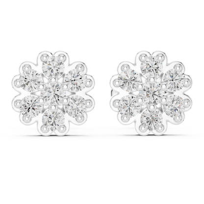 Pair of moissanite diamond snowflake earrings on a white background
