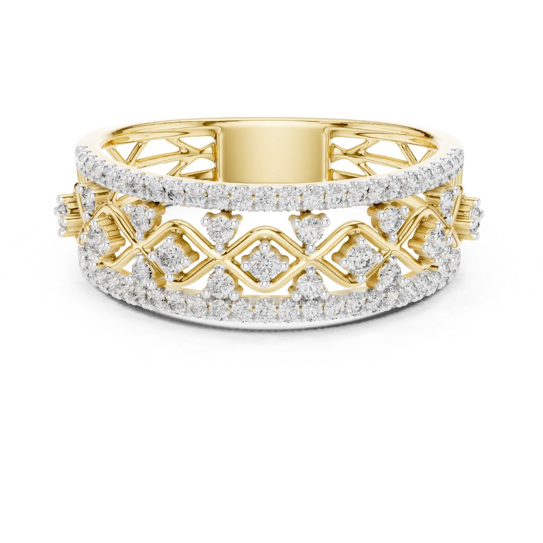 Gold and moissanite diamond ring on a white background