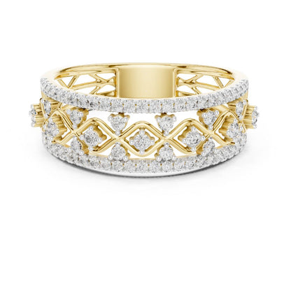 Gold and moissanite diamond ring on a white background