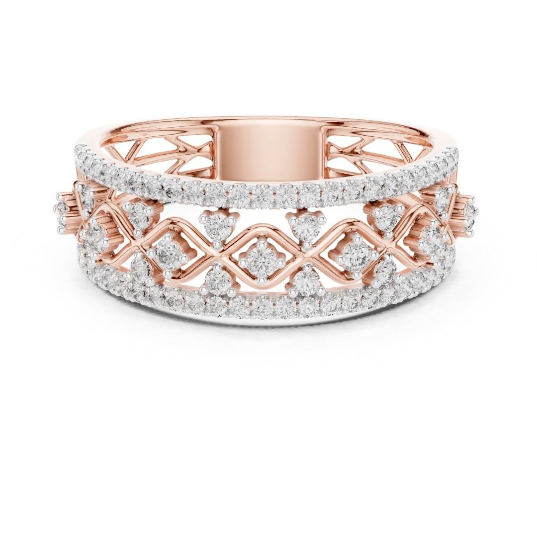 Rose gold and silver moissanite diamond ring with intricate design on a white background