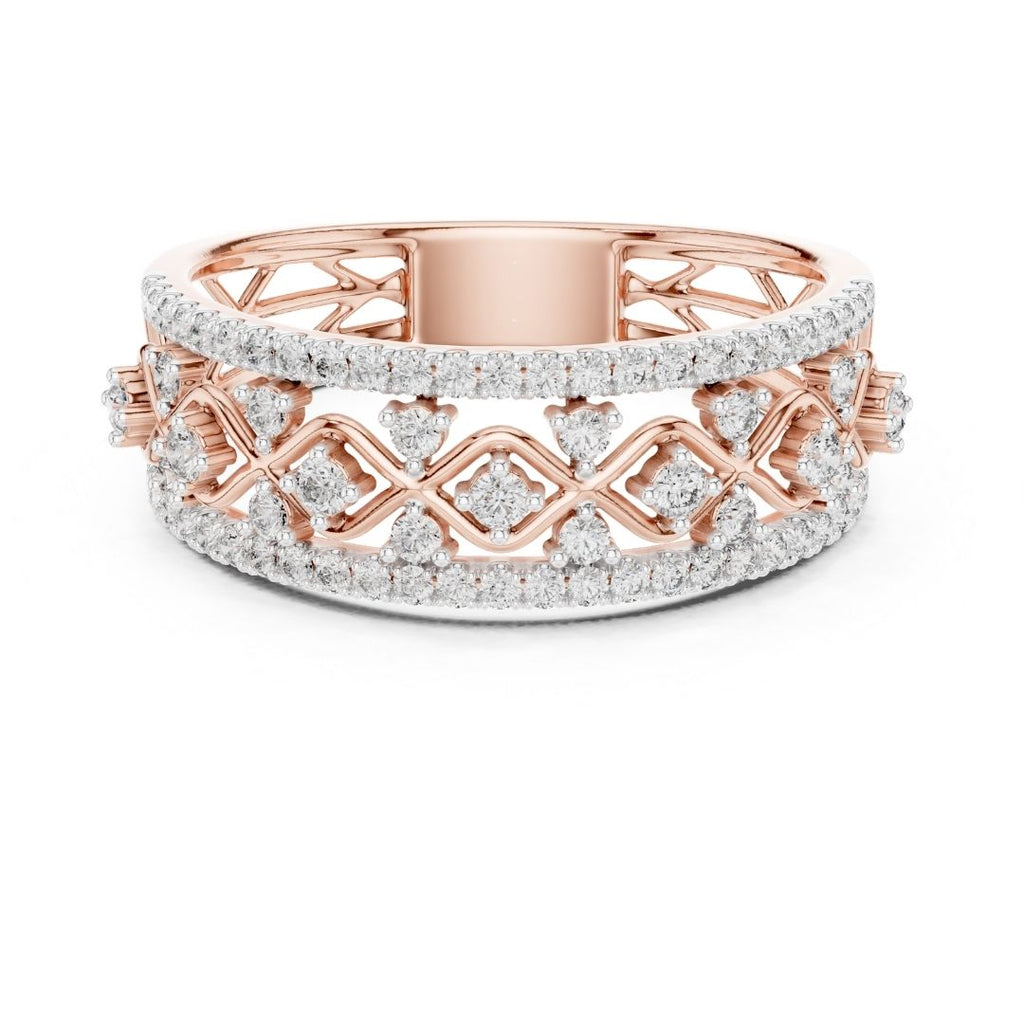 Rose gold and silver moissanite diamond ring with intricate design on a white background