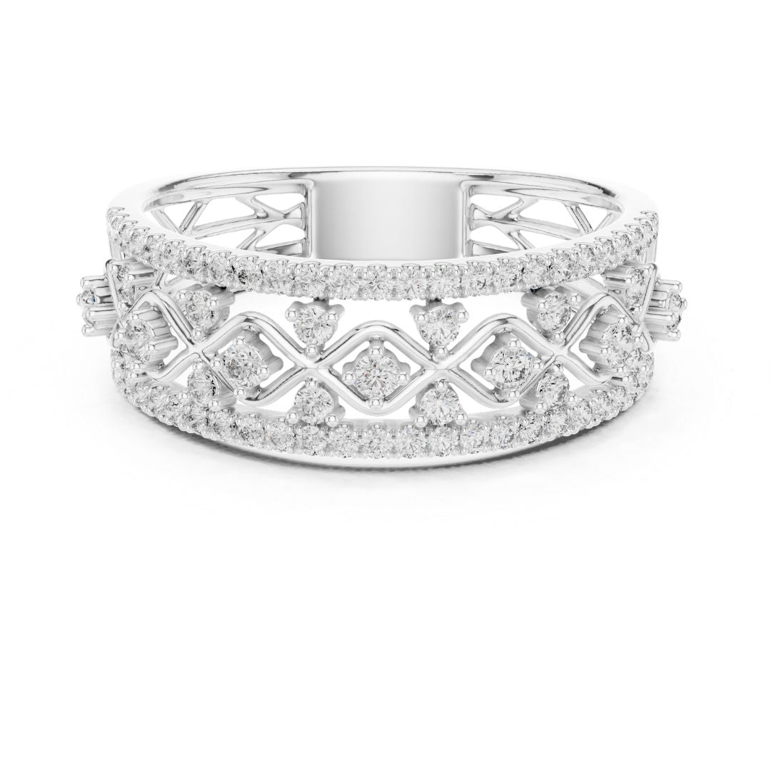Silver moissanite diamond ring with intricate design on a white background