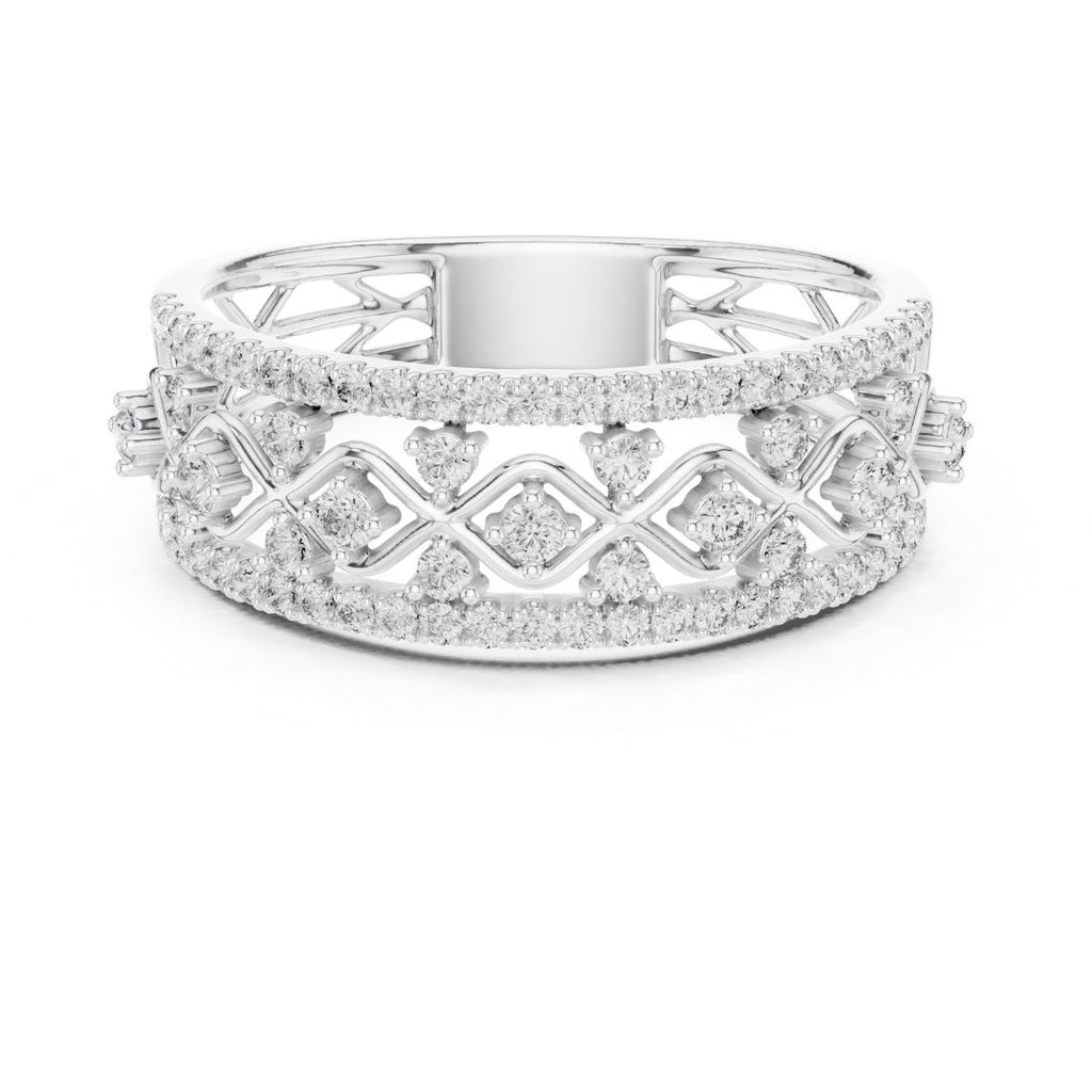 Silver moissanite diamond ring with intricate design on a white background