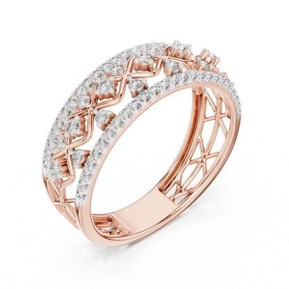 Rose gold ring with moissanite diamond accents on a white background