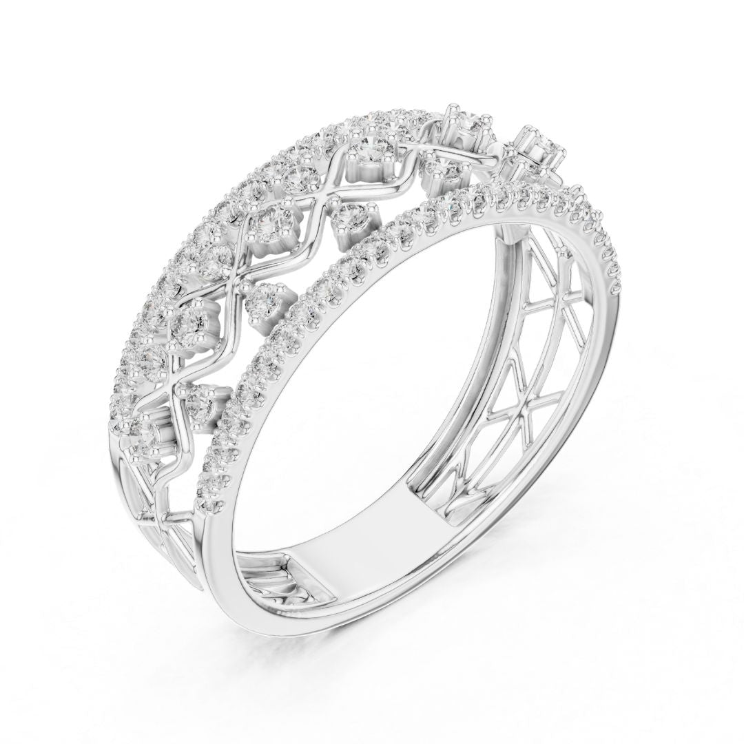 Elegant moissanite diamond ring with intricate design on a white background