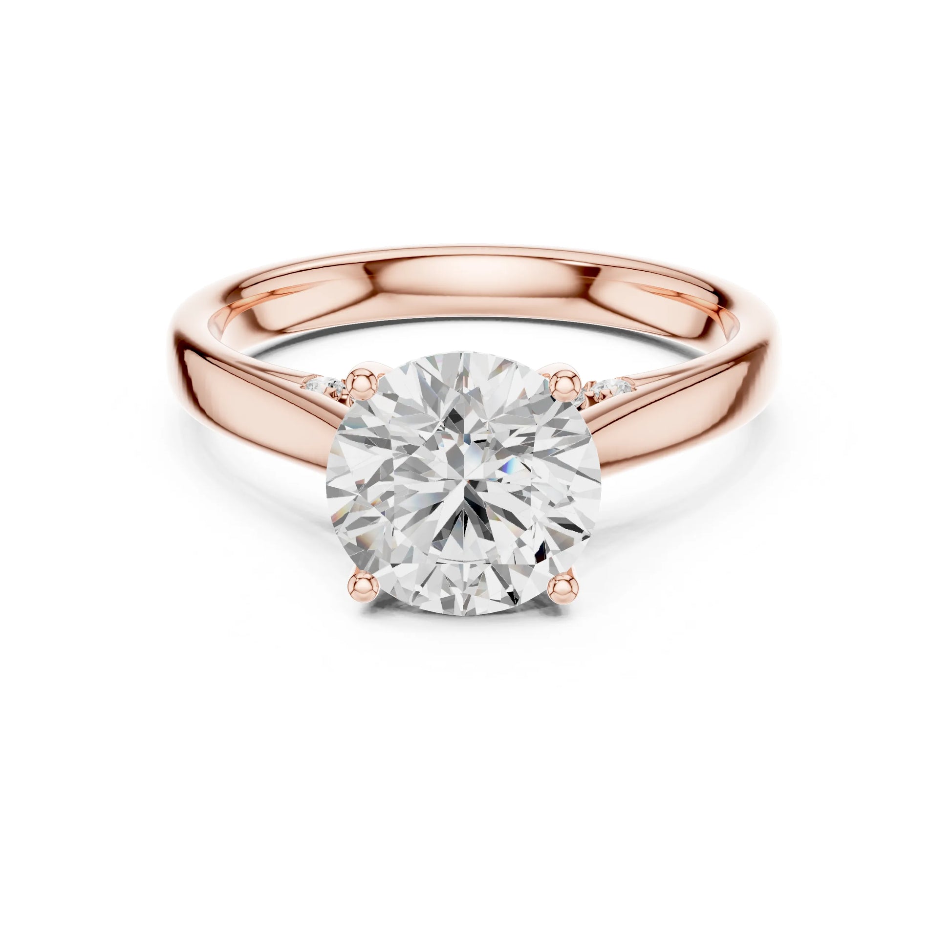 Rose gold ring with a large moissanite diamond on a white background