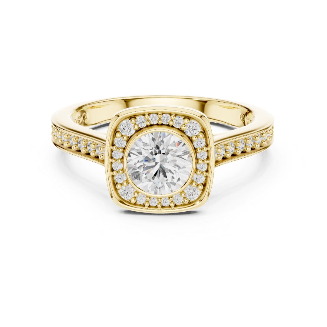 Gold ring with a large moissanite diamond and smaller diamonds around on a white background