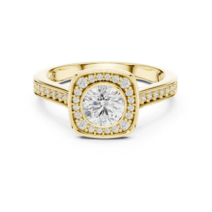 Gold ring with a large moissanite diamond and smaller diamonds around on a white background