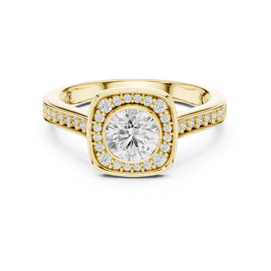 Gold ring with a large moissanite diamond and smaller diamonds around on a white background