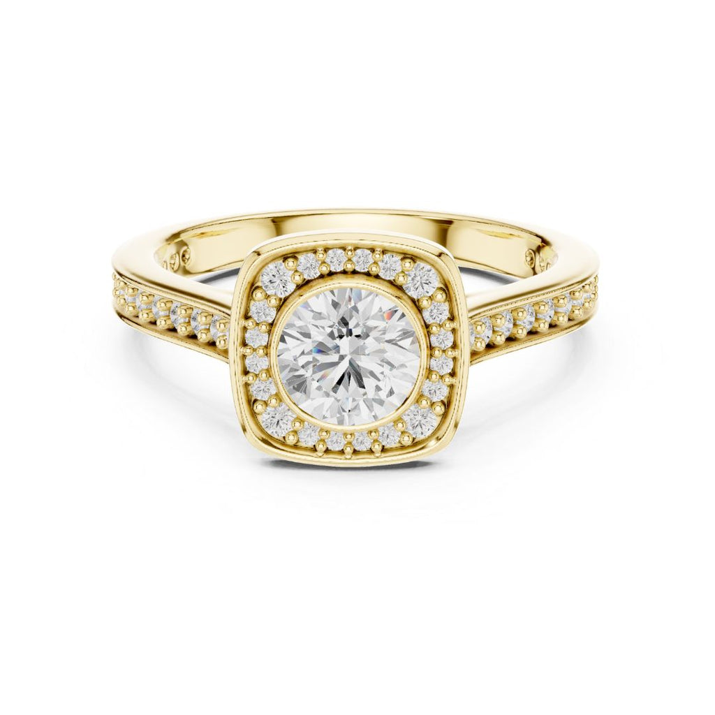 Gold ring with a large moissanite diamond and smaller diamonds around on a white background