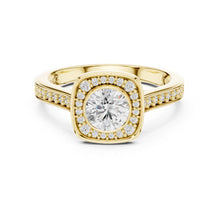 Load image into Gallery viewer, Gold ring with a large moissanite diamond and smaller diamonds around on a white background