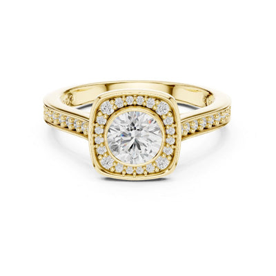 Gold ring with a large moissanite diamond and smaller diamonds around on a white background