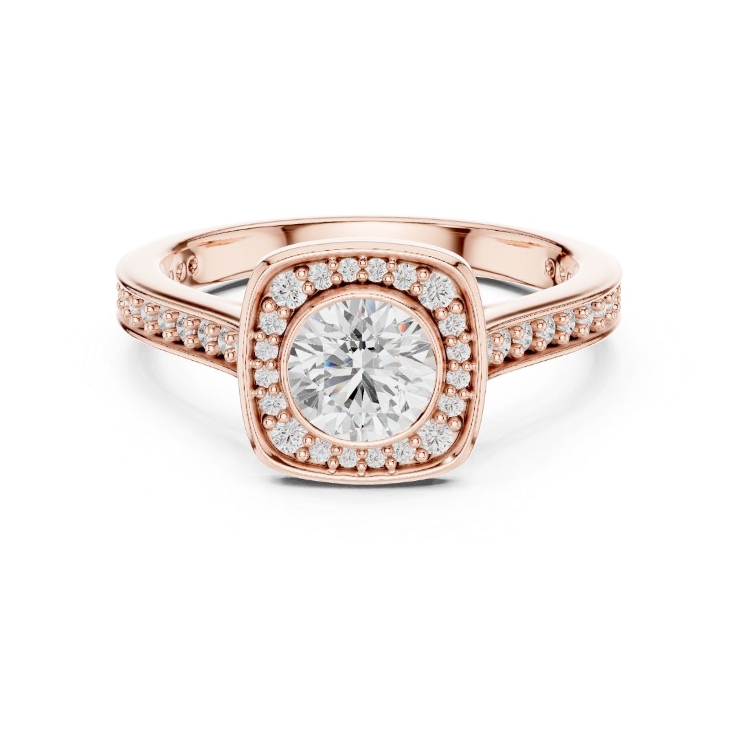 Rose gold ring with a large moissanite diamond and smaller diamonds on the band against a white background