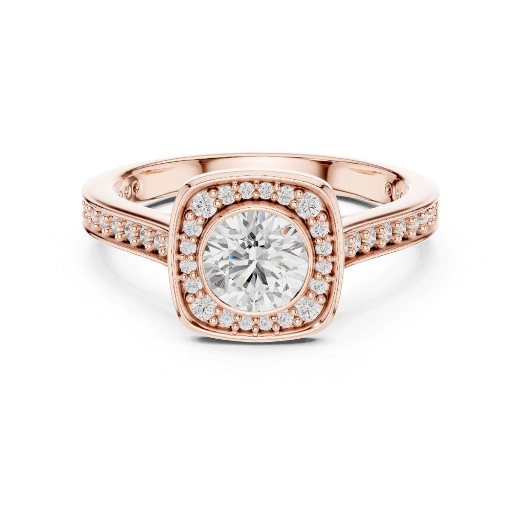 Rose gold ring with a large moissanite diamond and smaller diamonds on the band against a white background