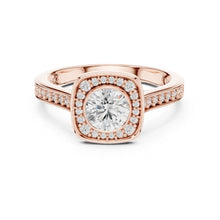 Load image into Gallery viewer, Rose gold ring with a large moissanite diamond and smaller diamonds on the band against a white background
