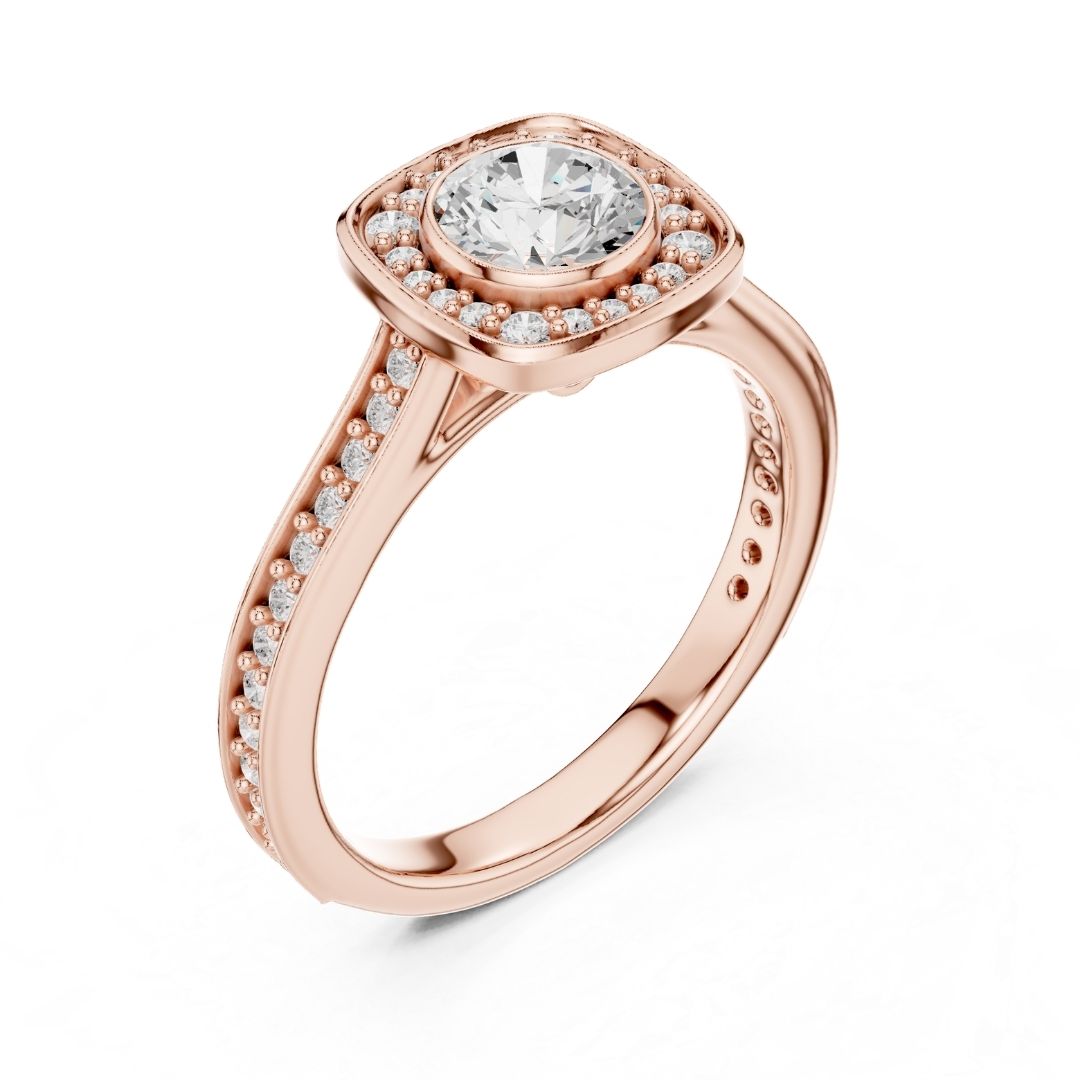 Rose gold ring with a moissanite diamond on a white background