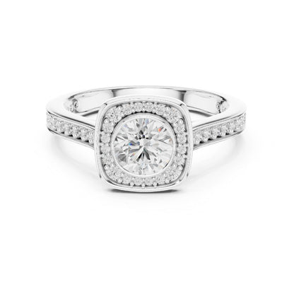 Silver ring with a moissanite diamond on a white background