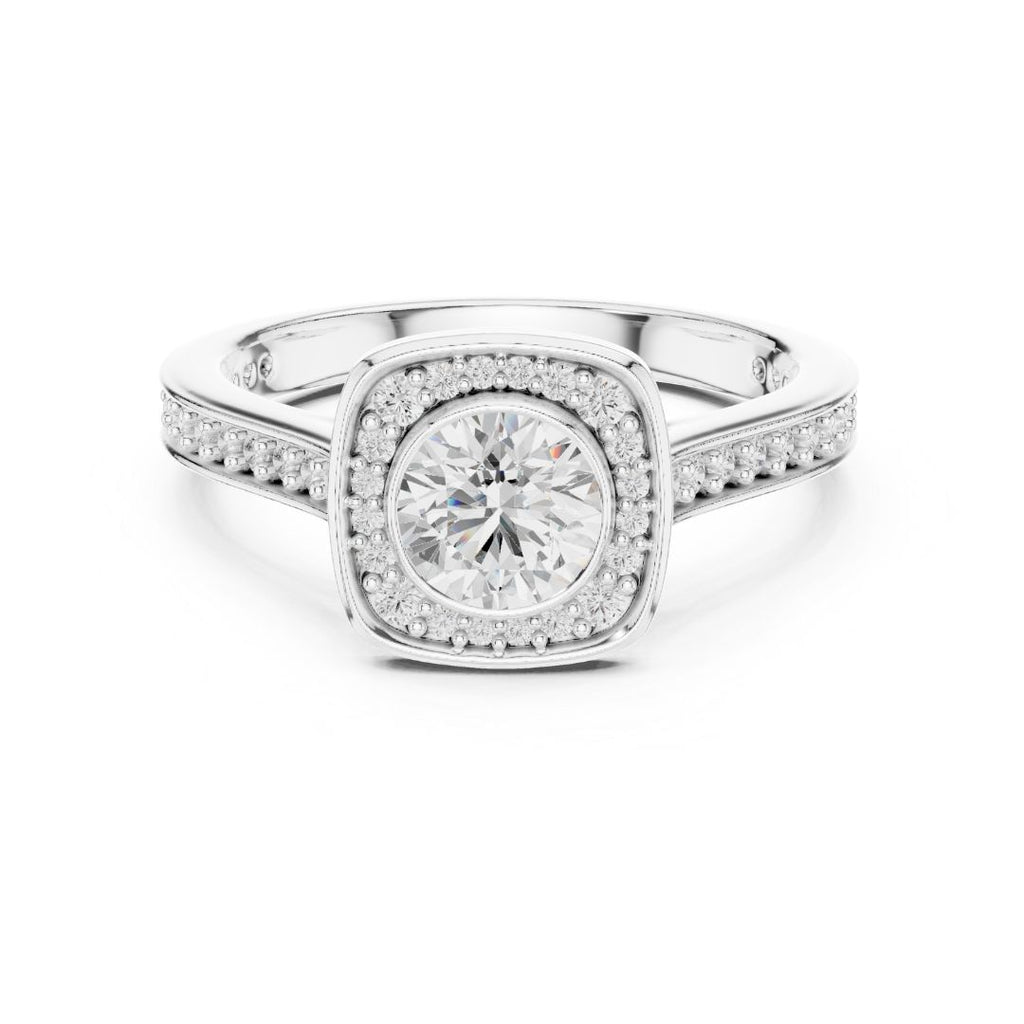Silver ring with a moissanite diamond on a white background
