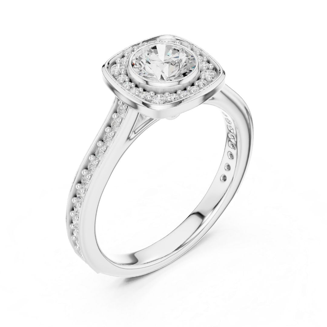 Silver ring with a moissanite diamond on a white background