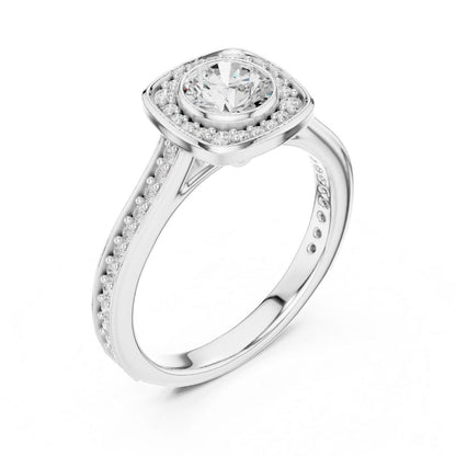 Silver ring with a moissanite diamond on a white background
