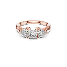Load image into Gallery viewer, Rose gold ring with three Moissanite diamonds on a white background