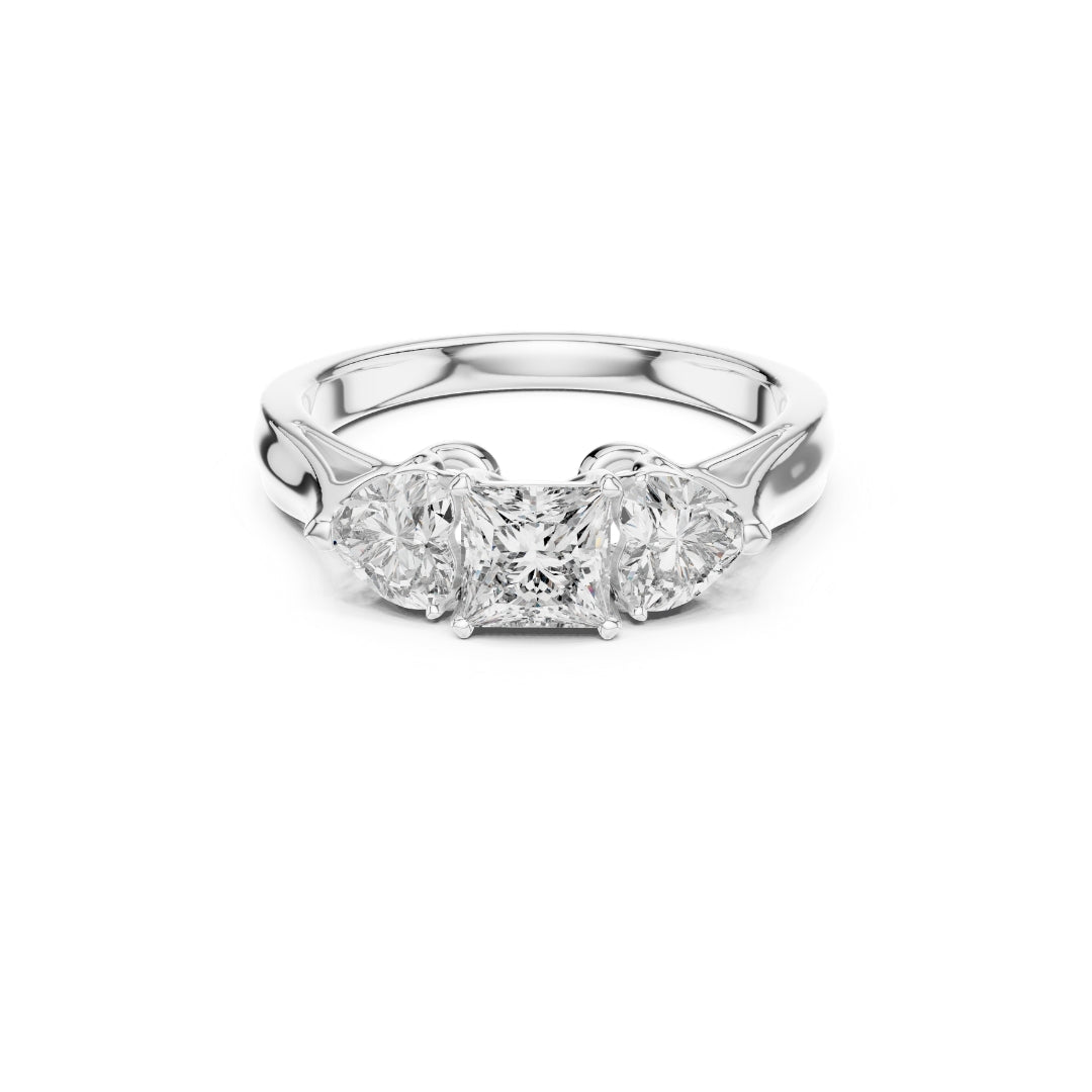Silver ring with 3 moissanite diamonds on a white background