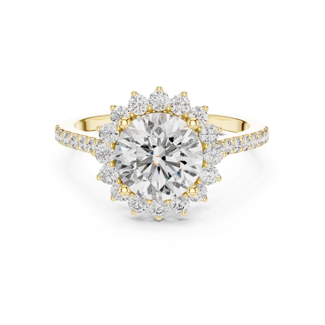 Gold and moissanite  diamond ring on a white background