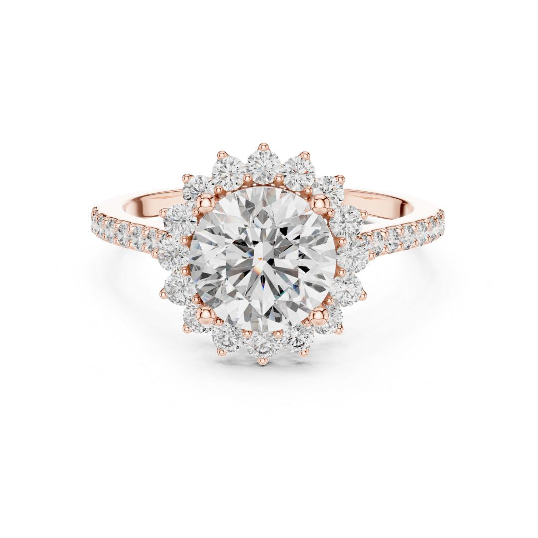 Rose gold ring with a large moissanite diamond and smaller diamonds on a white background
