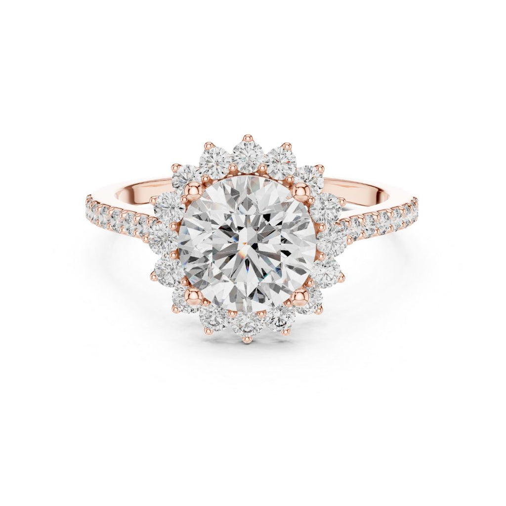 Rose gold ring with a large moissanite diamond and smaller diamonds on a white background