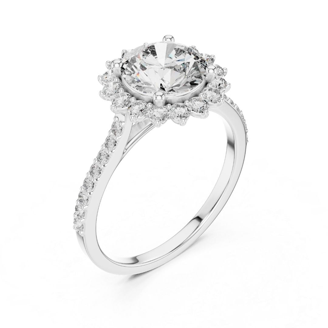 moissanite Diamond ring with a central gemstone and smaller diamonds on a white background