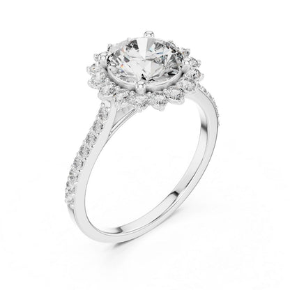 moissanite Diamond ring with a central gemstone and smaller diamonds on a white background