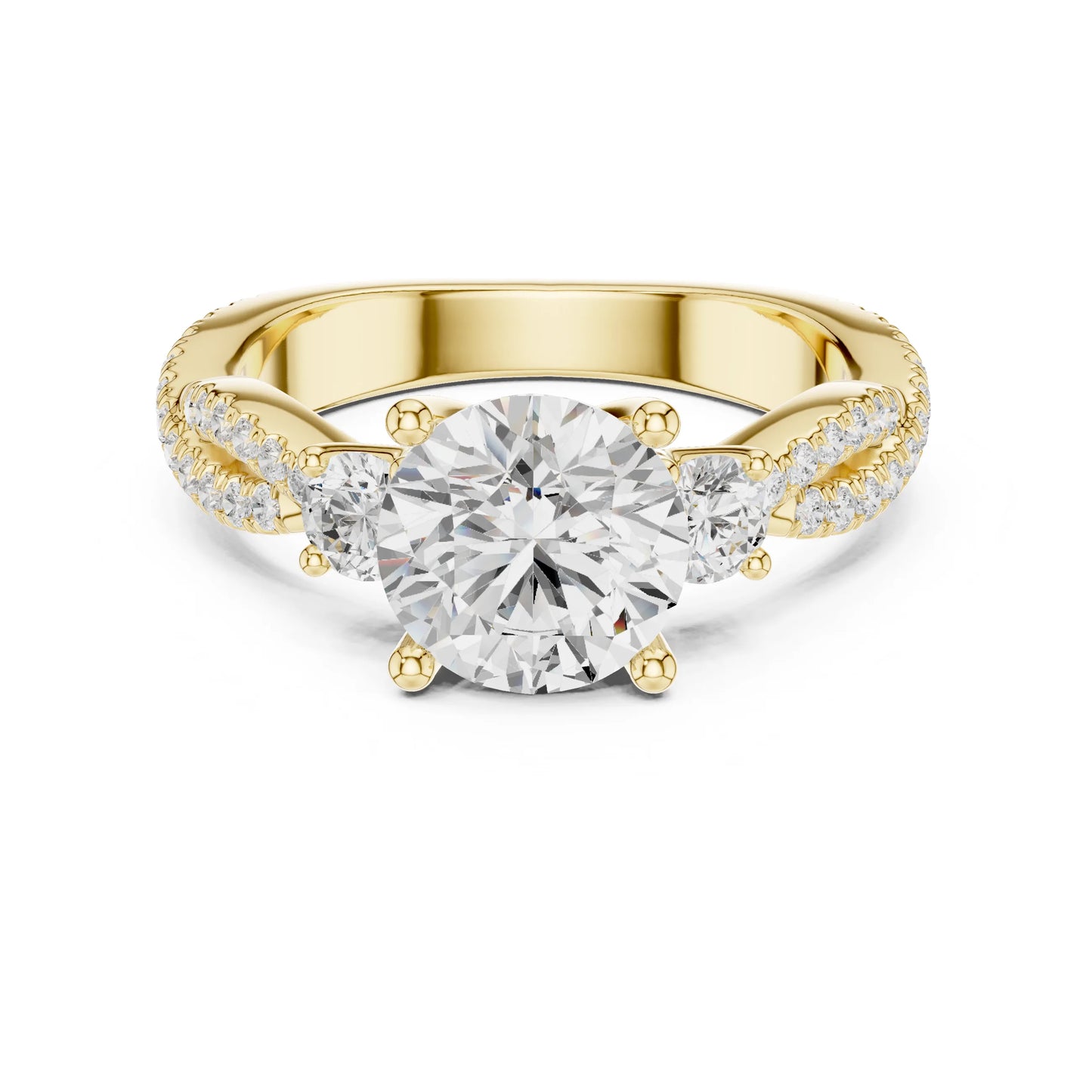 Gold ring with a large moissanite diamond and smaller diamonds on the band against a white background