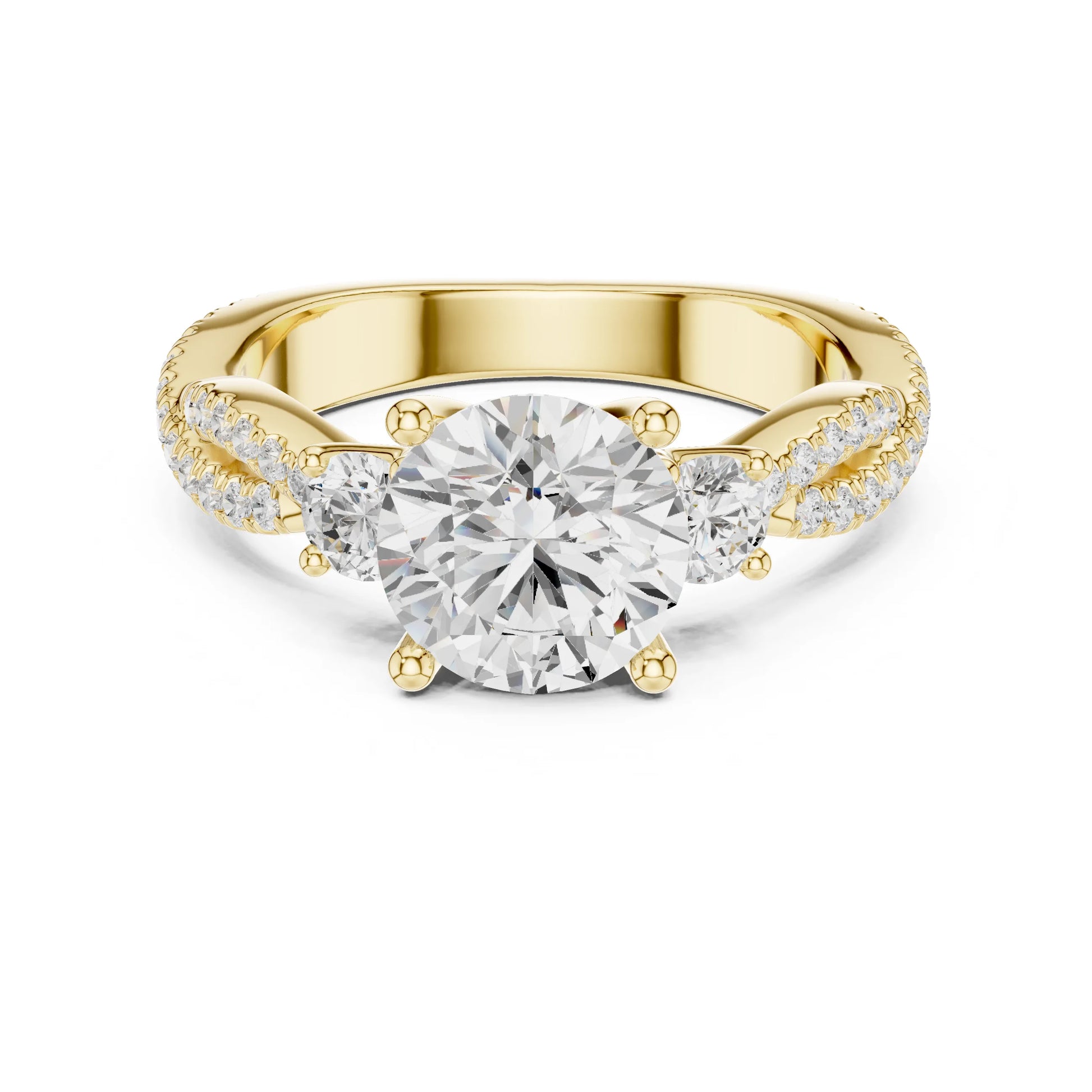 Gold ring with a large moissanite diamond and smaller diamonds on the band against a white background